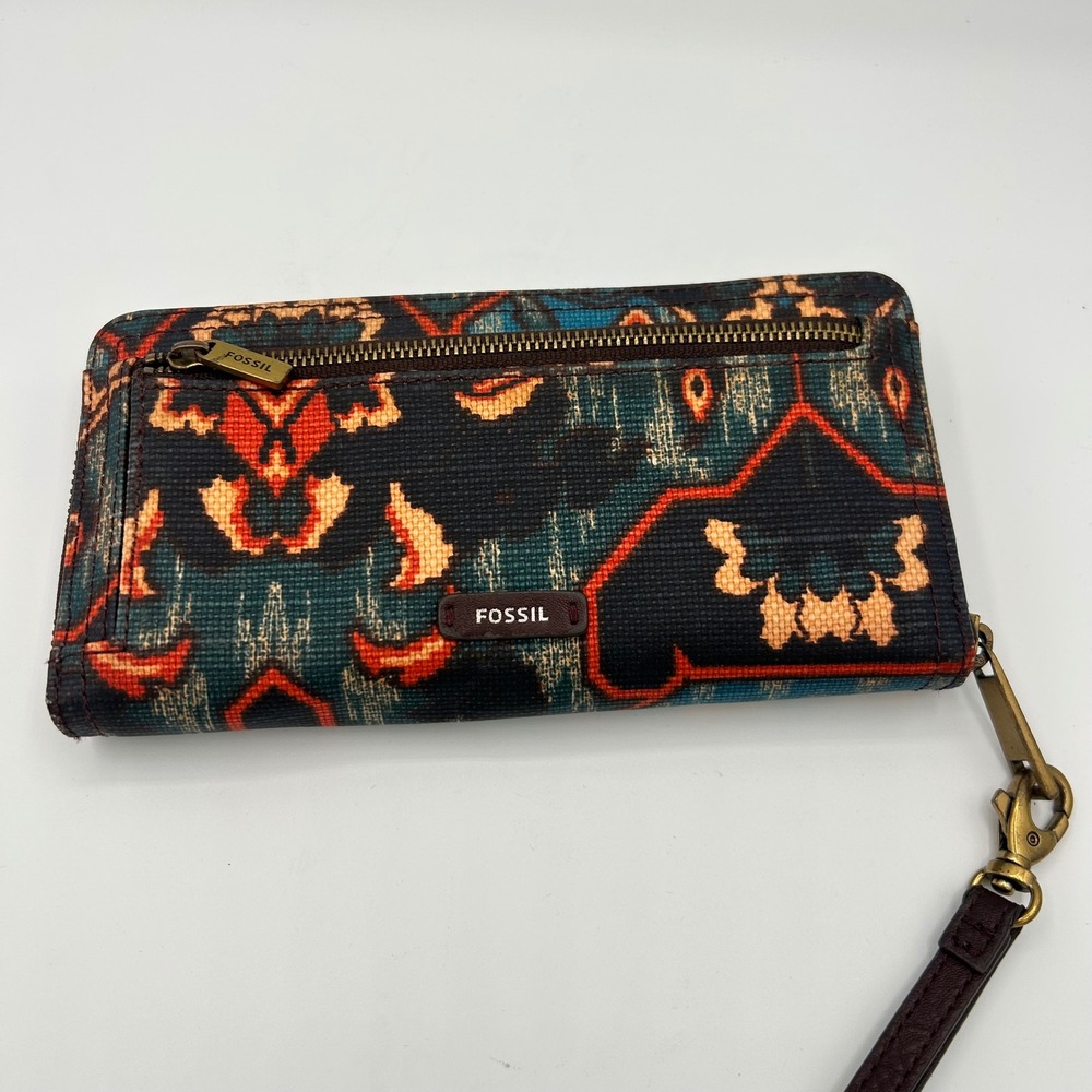 Fossil Logan Zip‎ Around Wristlet Wallet Ikat Geometric Kilim Navy Orange Teal